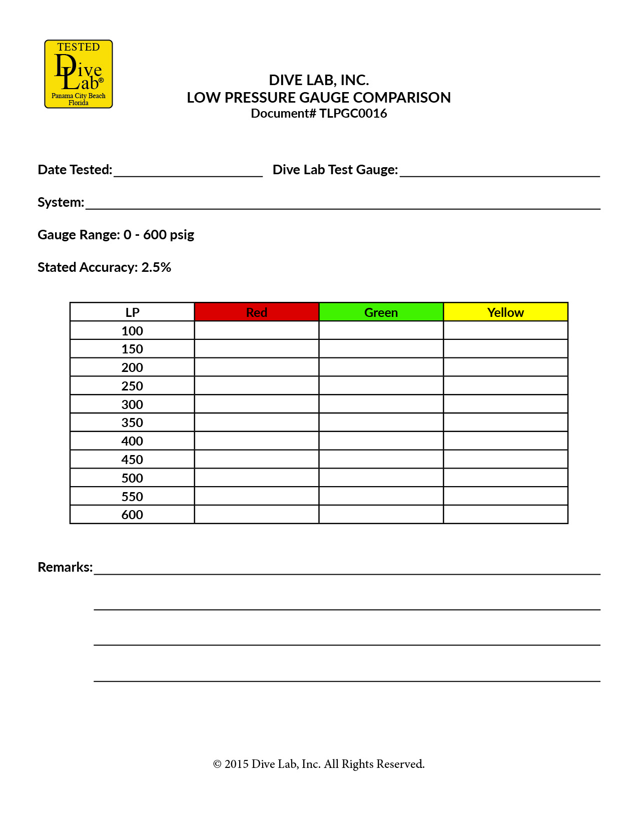 Low Pressure Gauge Comparison Form – Dive Lab
